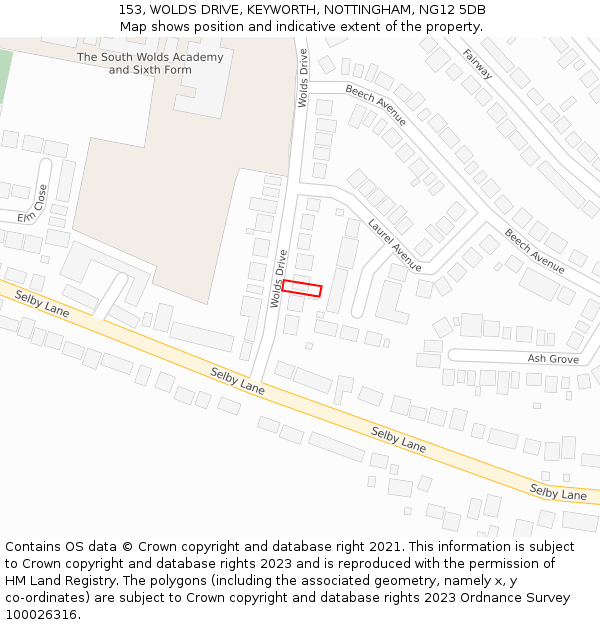 153, WOLDS DRIVE, KEYWORTH, NOTTINGHAM, NG12 5DB: Location map and indicative extent of plot
