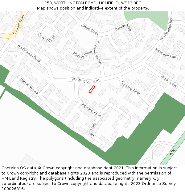 153, WORTHINGTON ROAD, LICHFIELD, WS13 8PG: Location map and indicative extent of plot