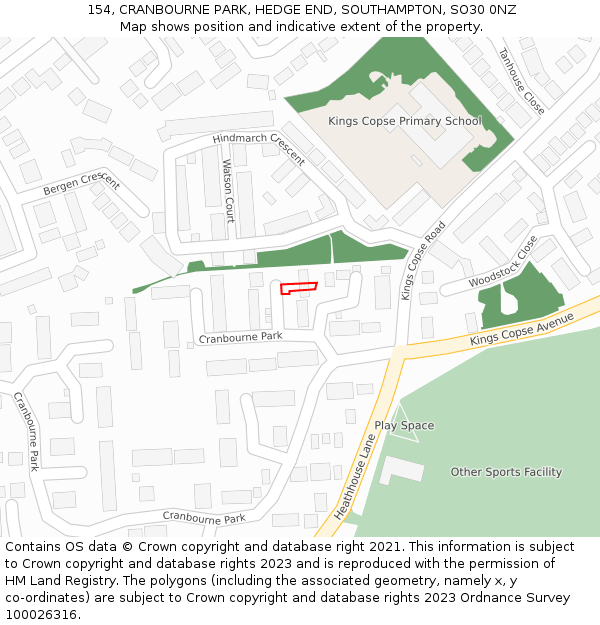 154, CRANBOURNE PARK, HEDGE END, SOUTHAMPTON, SO30 0NZ: Location map and indicative extent of plot