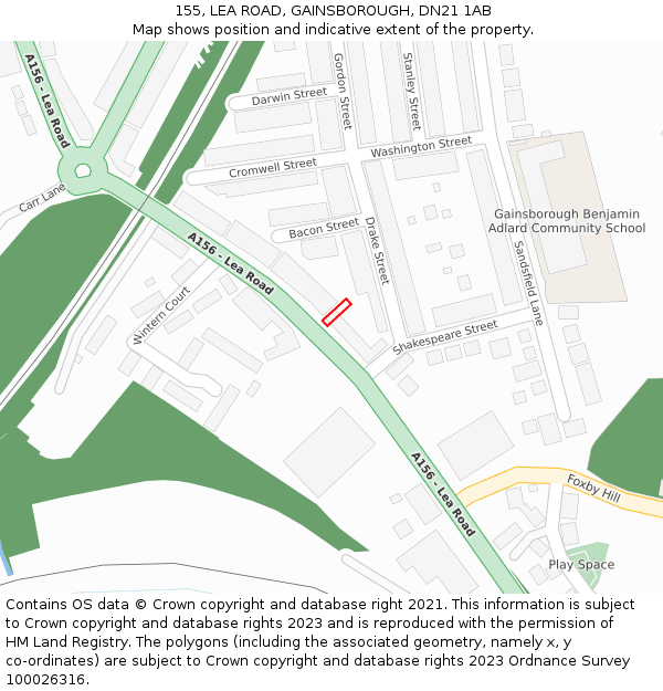 155, LEA ROAD, GAINSBOROUGH, DN21 1AB: Location map and indicative extent of plot