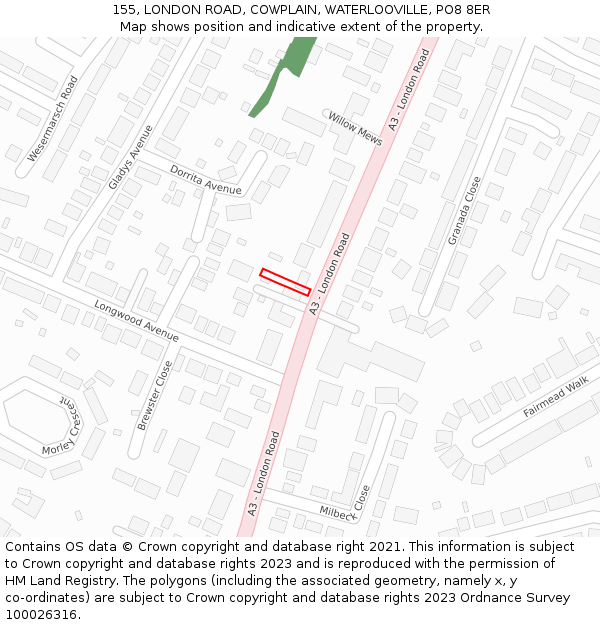 155, LONDON ROAD, COWPLAIN, WATERLOOVILLE, PO8 8ER: Location map and indicative extent of plot