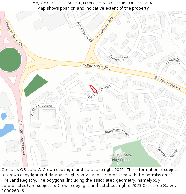 156, OAKTREE CRESCENT, BRADLEY STOKE, BRISTOL, BS32 9AE: Location map and indicative extent of plot