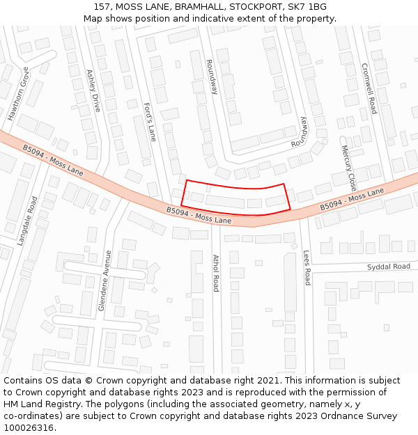157, MOSS LANE, BRAMHALL, STOCKPORT, SK7 1BG: Location map and indicative extent of plot
