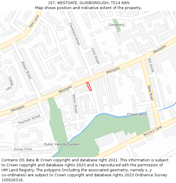 157, WESTGATE, GUISBOROUGH, TS14 6AN: Location map and indicative extent of plot