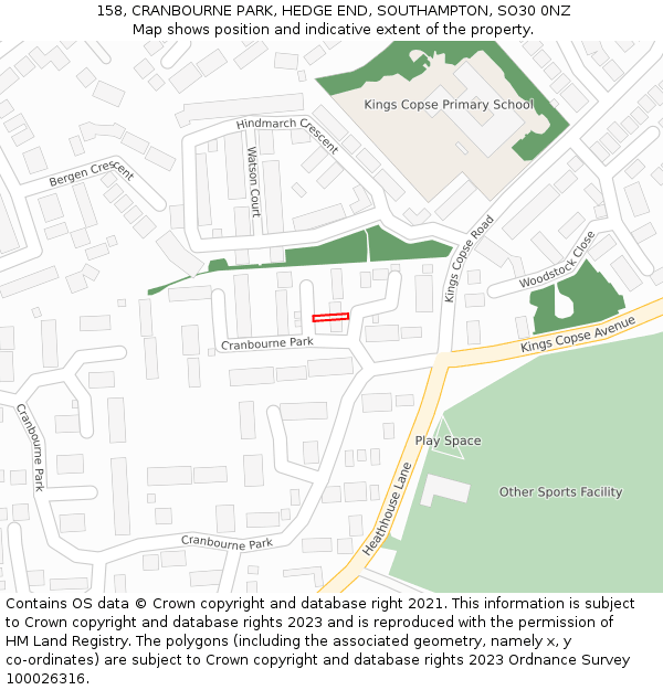 158, CRANBOURNE PARK, HEDGE END, SOUTHAMPTON, SO30 0NZ: Location map and indicative extent of plot
