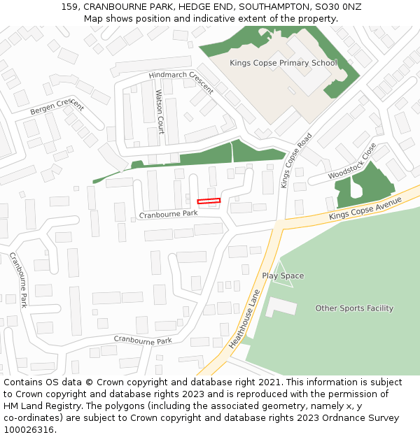 159, CRANBOURNE PARK, HEDGE END, SOUTHAMPTON, SO30 0NZ: Location map and indicative extent of plot