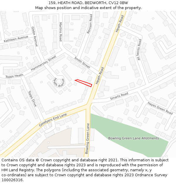 159, HEATH ROAD, BEDWORTH, CV12 0BW: Location map and indicative extent of plot