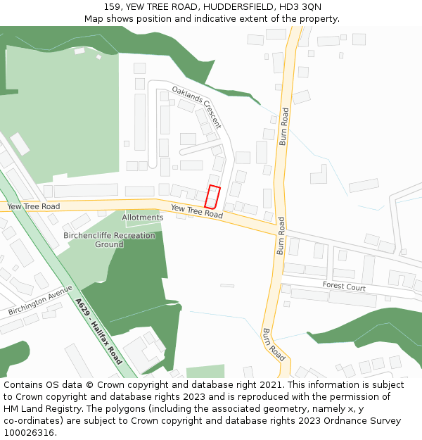 159, YEW TREE ROAD, HUDDERSFIELD, HD3 3QN: Location map and indicative extent of plot
