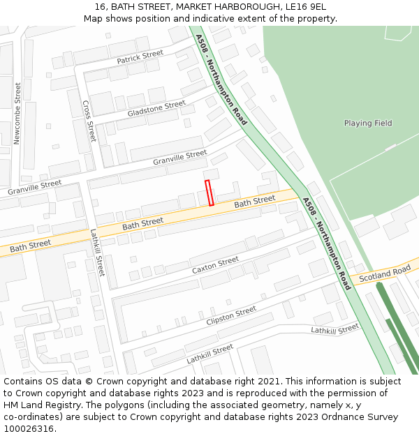 16, BATH STREET, MARKET HARBOROUGH, LE16 9EL: Location map and indicative extent of plot