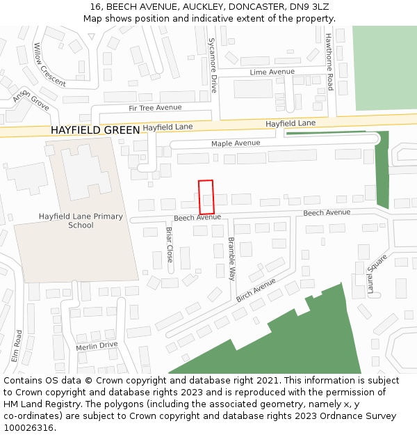 16, BEECH AVENUE, AUCKLEY, DONCASTER, DN9 3LZ: Location map and indicative extent of plot