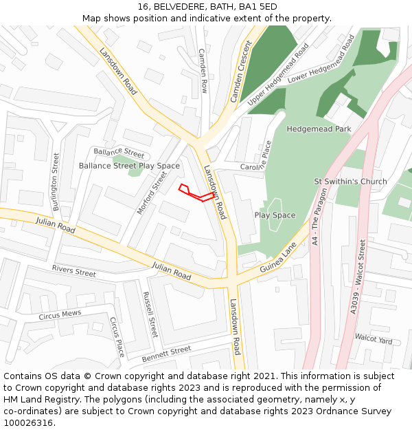 16, BELVEDERE, BATH, BA1 5ED: Location map and indicative extent of plot
