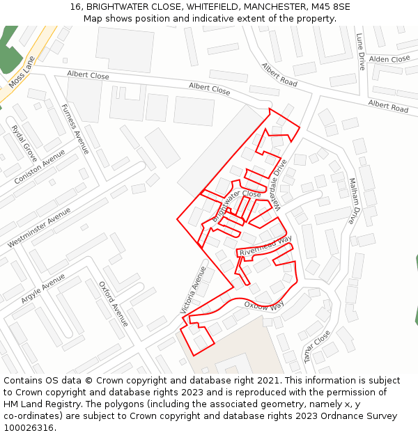 16, BRIGHTWATER CLOSE, WHITEFIELD, MANCHESTER, M45 8SE: Location map and indicative extent of plot