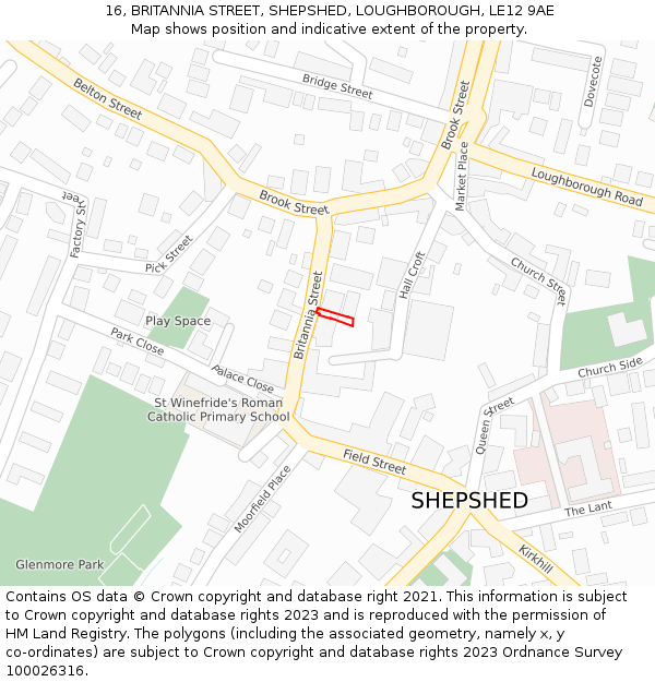16, BRITANNIA STREET, SHEPSHED, LOUGHBOROUGH, LE12 9AE: Location map and indicative extent of plot