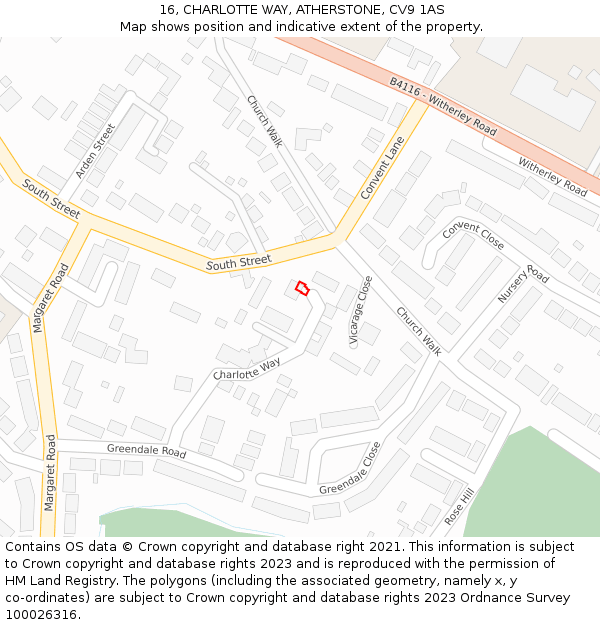 16, CHARLOTTE WAY, ATHERSTONE, CV9 1AS: Location map and indicative extent of plot