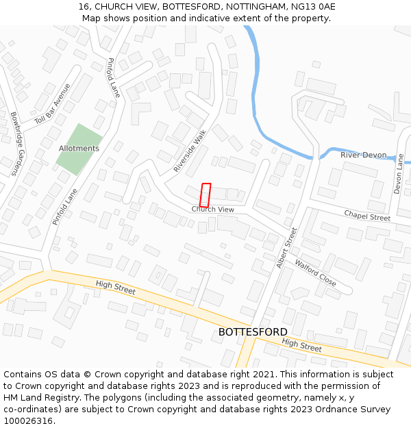16, CHURCH VIEW, BOTTESFORD, NOTTINGHAM, NG13 0AE: Location map and indicative extent of plot