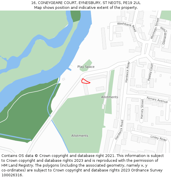 16, CONEYGEARE COURT, EYNESBURY, ST NEOTS, PE19 2UL: Location map and indicative extent of plot