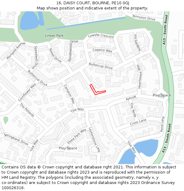 16, DAISY COURT, BOURNE, PE10 0GJ: Location map and indicative extent of plot