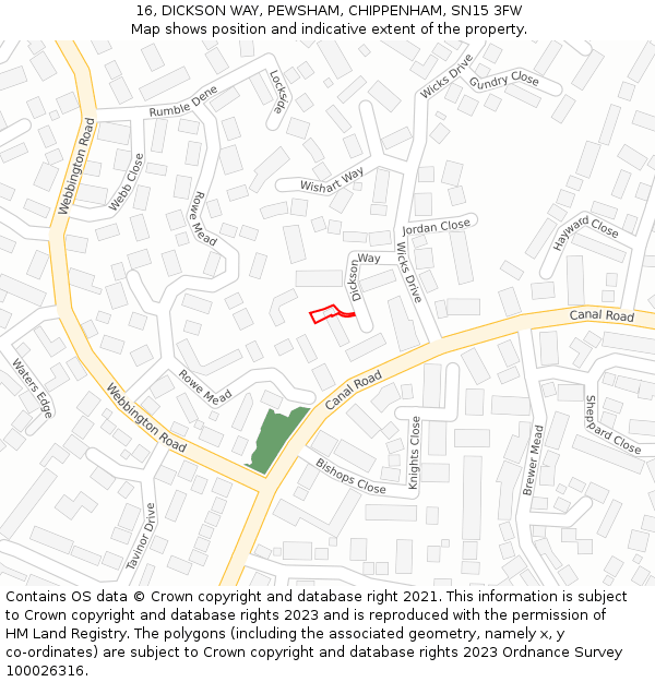 16, DICKSON WAY, PEWSHAM, CHIPPENHAM, SN15 3FW: Location map and indicative extent of plot