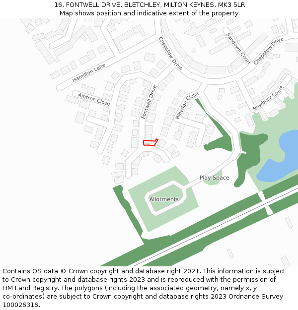 16, FONTWELL DRIVE, BLETCHLEY, MILTON KEYNES, MK3 5LR: Location map and indicative extent of plot