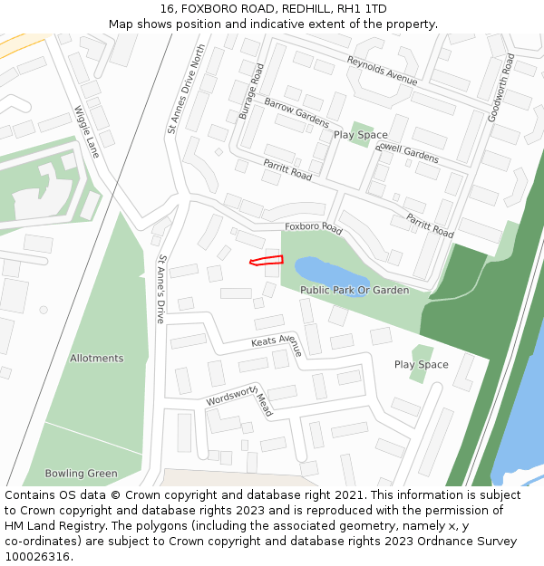 16, FOXBORO ROAD, REDHILL, RH1 1TD: Location map and indicative extent of plot