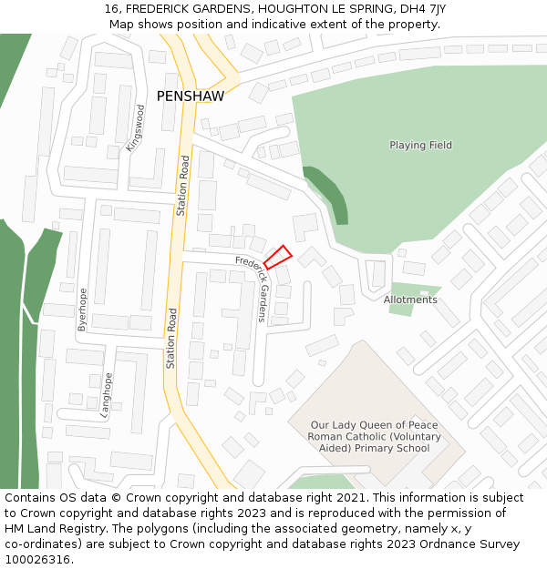 16, FREDERICK GARDENS, HOUGHTON LE SPRING, DH4 7JY: Location map and indicative extent of plot