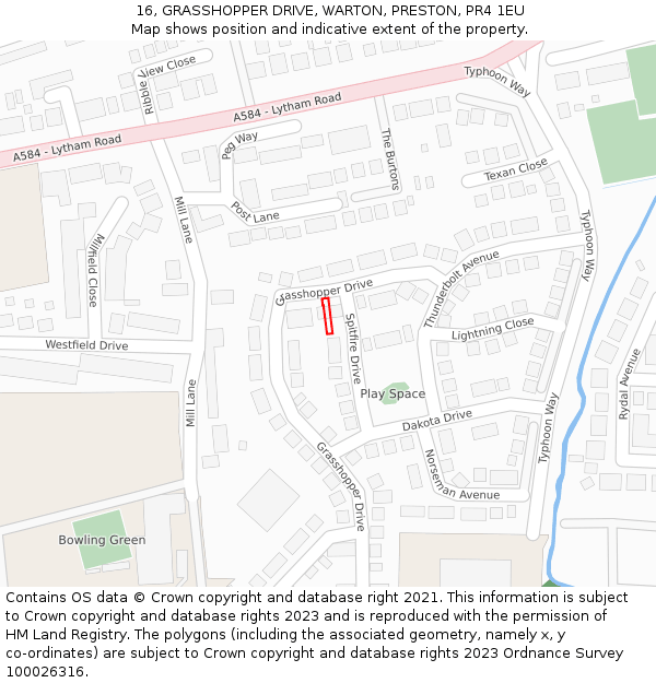 16, GRASSHOPPER DRIVE, WARTON, PRESTON, PR4 1EU: Location map and indicative extent of plot