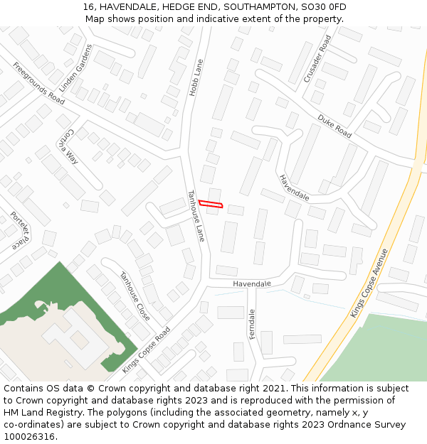 16, HAVENDALE, HEDGE END, SOUTHAMPTON, SO30 0FD: Location map and indicative extent of plot