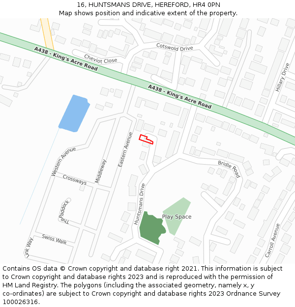 16, HUNTSMANS DRIVE, HEREFORD, HR4 0PN: Location map and indicative extent of plot