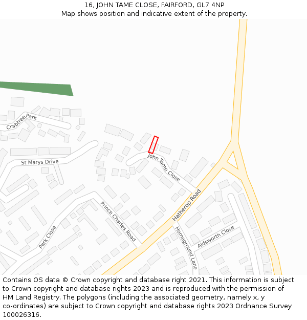 16, JOHN TAME CLOSE, FAIRFORD, GL7 4NP: Location map and indicative extent of plot