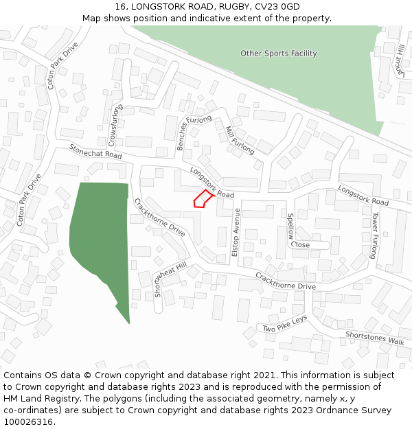16, LONGSTORK ROAD, RUGBY, CV23 0GD: Location map and indicative extent of plot