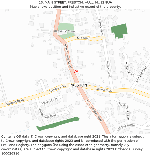 16, MAIN STREET, PRESTON, HULL, HU12 8UA: Location map and indicative extent of plot