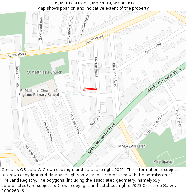 16, MERTON ROAD, MALVERN, WR14 1ND: Location map and indicative extent of plot