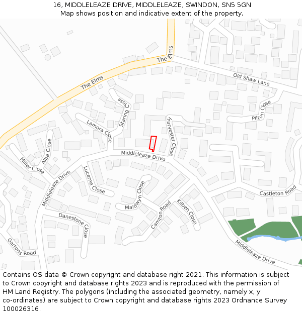 16, MIDDLELEAZE DRIVE, MIDDLELEAZE, SWINDON, SN5 5GN: Location map and indicative extent of plot