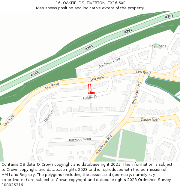 16, OAKFIELDS, TIVERTON, EX16 6XF: Location map and indicative extent of plot