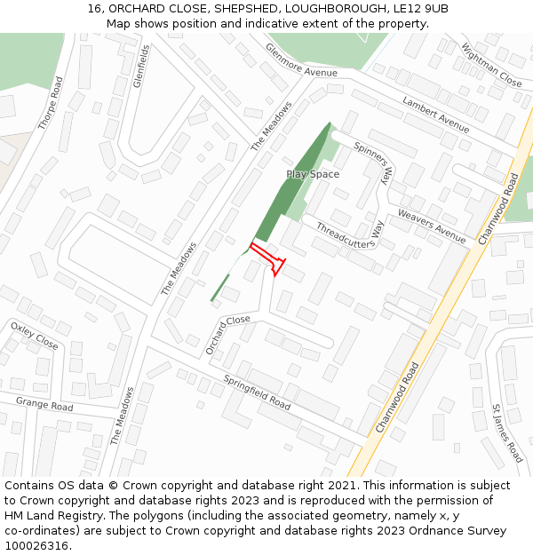 16, ORCHARD CLOSE, SHEPSHED, LOUGHBOROUGH, LE12 9UB: Location map and indicative extent of plot
