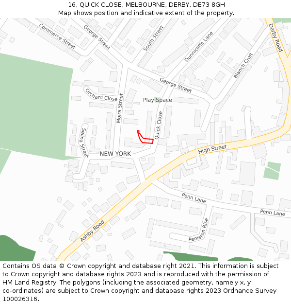 16, QUICK CLOSE, MELBOURNE, DERBY, DE73 8GH: Location map and indicative extent of plot
