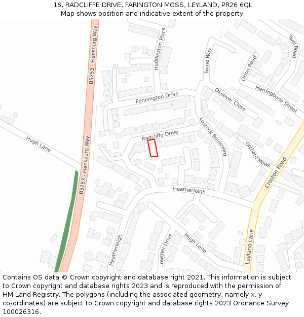 16, RADCLIFFE DRIVE, FARINGTON MOSS, LEYLAND, PR26 6QL: Location map and indicative extent of plot