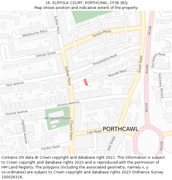 16, SUFFOLK COURT, PORTHCAWL, CF36 3EQ: Location map and indicative extent of plot