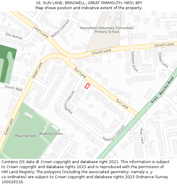 16, SUN LANE, BRADWELL, GREAT YARMOUTH, NR31 8PY: Location map and indicative extent of plot
