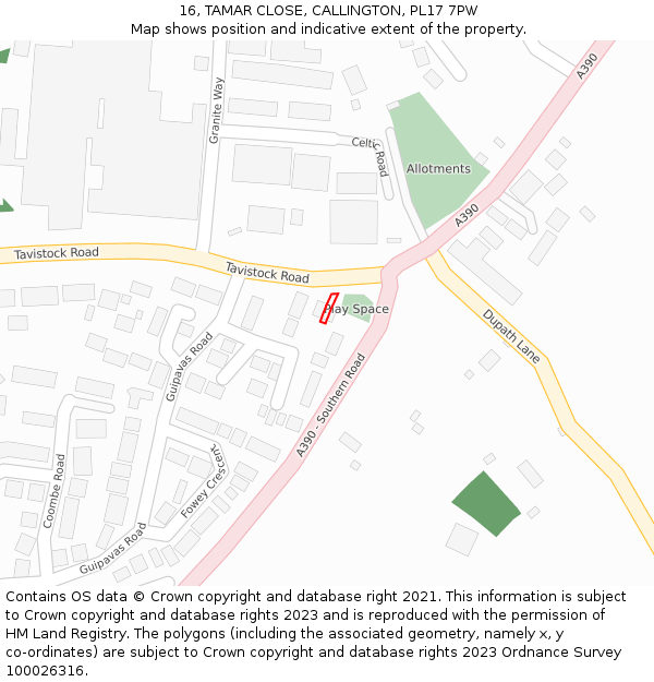 16, TAMAR CLOSE, CALLINGTON, PL17 7PW: Location map and indicative extent of plot