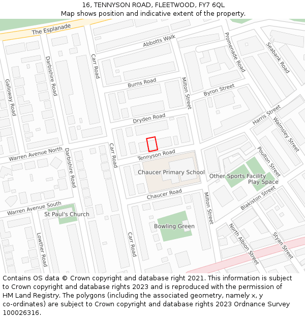 16, TENNYSON ROAD, FLEETWOOD, FY7 6QL: Location map and indicative extent of plot
