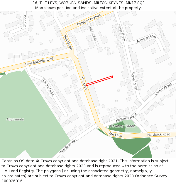 16, THE LEYS, WOBURN SANDS, MILTON KEYNES, MK17 8QF: Location map and indicative extent of plot