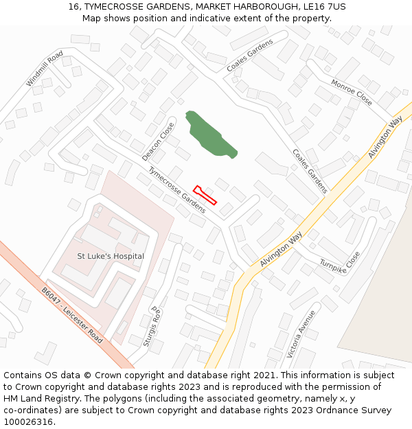 16, TYMECROSSE GARDENS, MARKET HARBOROUGH, LE16 7US: Location map and indicative extent of plot