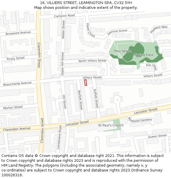 16, VILLIERS STREET, LEAMINGTON SPA, CV32 5YH: Location map and indicative extent of plot
