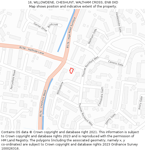 16, WILLOWDENE, CHESHUNT, WALTHAM CROSS, EN8 0XD: Location map and indicative extent of plot