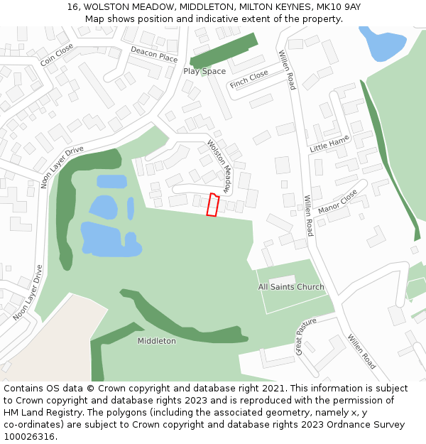 16, WOLSTON MEADOW, MIDDLETON, MILTON KEYNES, MK10 9AY: Location map and indicative extent of plot