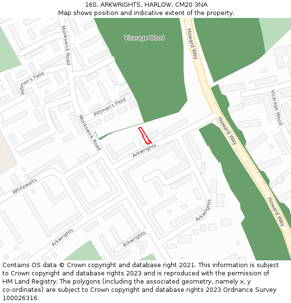 160, ARKWRIGHTS, HARLOW, CM20 3NA: Location map and indicative extent of plot