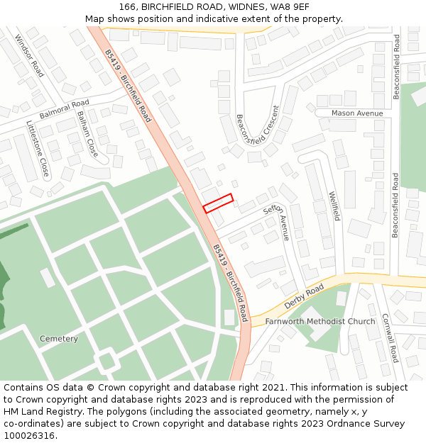 166, BIRCHFIELD ROAD, WIDNES, WA8 9EF: Location map and indicative extent of plot