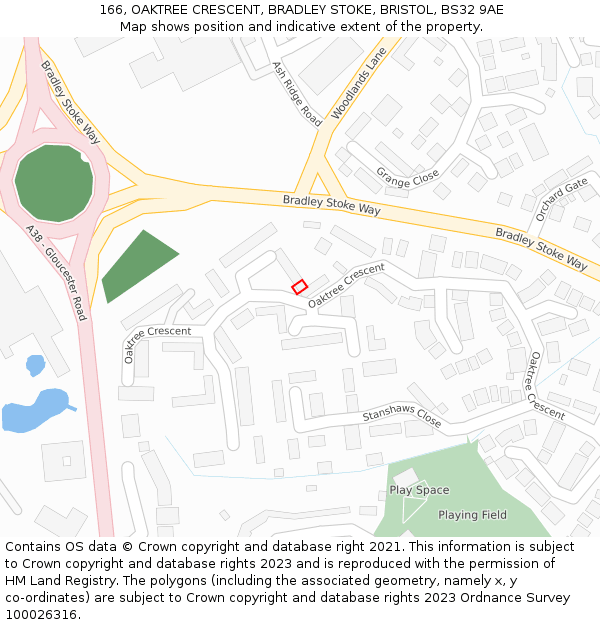 166, OAKTREE CRESCENT, BRADLEY STOKE, BRISTOL, BS32 9AE: Location map and indicative extent of plot