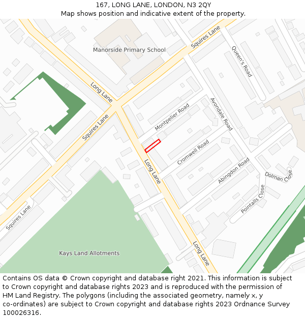 167, LONG LANE, LONDON, N3 2QY: Location map and indicative extent of plot